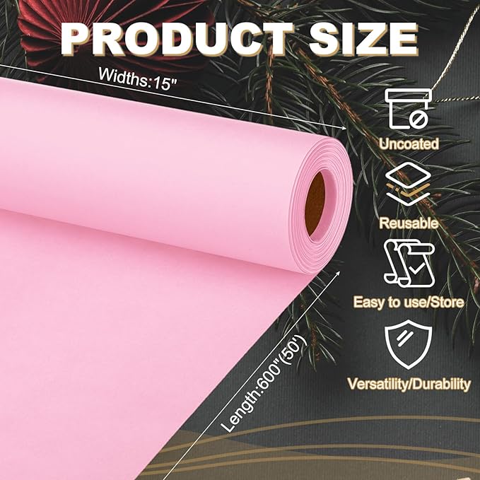 PATIKIL Wrapping Paper, 15"x600"(50') Bulletin Board Paper Roll Kraft Paper Roll Construction 80GSM for Shipping Packing Gift Wrapping Craft Flower Bouquet Christmas, Pink