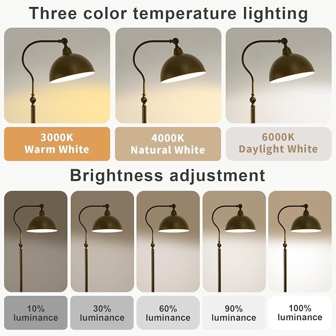 Bright LED Reading Floor Lamp with Remote and Bluetooth Dimming, Adjustable Brightness and Color temperature, Matte Black Iron Lampshade,Modern Rustic Vintage Living Room Bedroom Office Standing Lamp