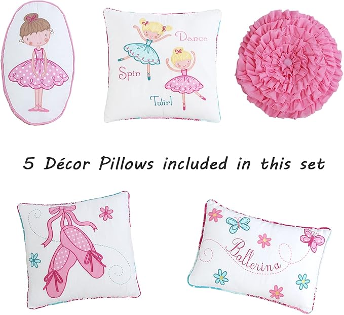 Cozy Line Home Fashions 7 Piece Twin Size 100% Cotton Pink Girl Reversible Bedding Quilt Set, Bedspread Coverlet for All Seasons (Ballerina Dance Princess, Twin - 7 Piece)
