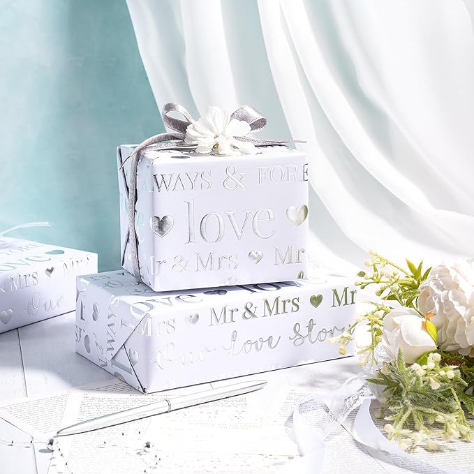 RUSPEPA Wedding Wrapping Paper, Mini Roll, Silvery Gold Foil LOVE Design, Perfect for Wedding, Bridal Shower, Anniversary, Engagement, 17 Inches x 16.5 Feet