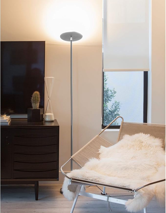 Brightech Sky LED Floor lamp, Torchiere Super Bright Floor Lamp for Living Room Decor & Office - Dimmable, Tall Standing Torch Lamp with Warm Light for Bedroom & Reading - Platinum Silver