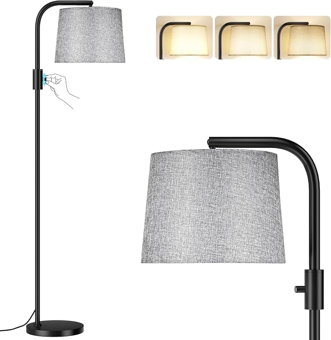 Ambimall Fully Dimmable Floor Lamp with 9W LED Bulb - Standing Lamp for Living Room with Adjustable Head, Modern Tall Light with Rotary Switch for Office, Black and Grey