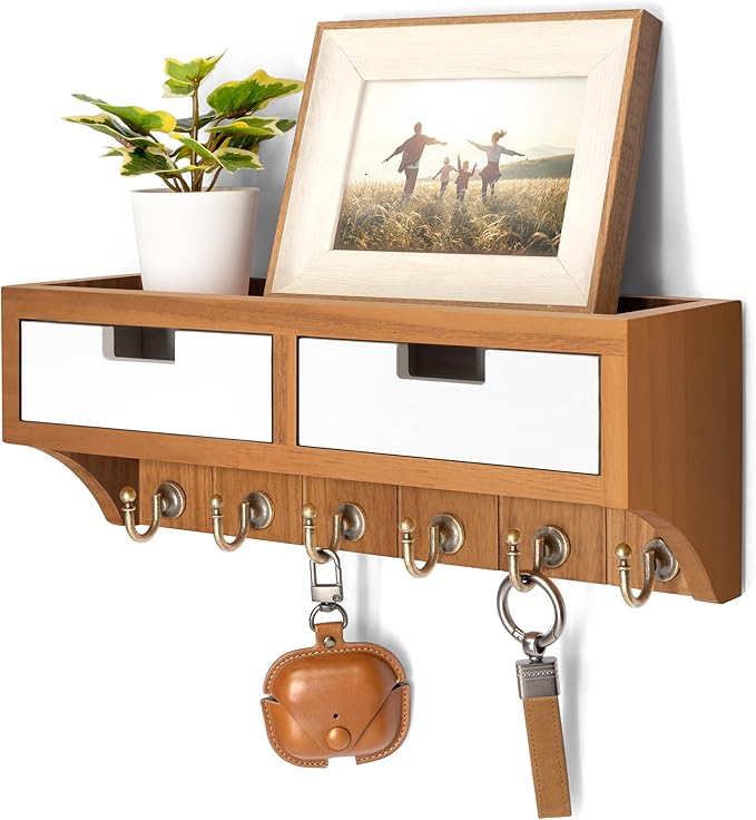 Rebee Vision Modern Farmhouse Key Holder Wall Mount with 2 Drawer Organizer : Mail Organizer with 6 Key Hooks and Wall Shelf - Home Organization for Room Decor (Light Brown & White)
