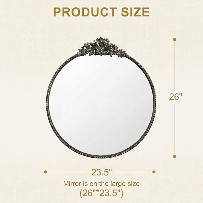 Baroque Antique Black Round Mirror for Wall Decor - 24" Circle Wall Mirror with Vintage Ornate Carved Floral Top Beaded Metal Frame for Bathroom Vanity, Entryway, Fireplace, Living Room, Bedroom