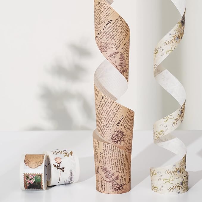 WT Petals & Parchment Washi Sticker Tape Set, 4 Rolls, Original Vintage Floral Designs, Decorative Masking Tape for DIY Crafts, Journaling, Scrapbooking, Planners, and Adhesive Paper Stickers