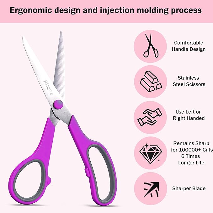 Black Scissors Bulk, Rkqoa 8" All Purpose Scissors Pack - Thick Sharp Shears for Office School Sewing Craft Supplies, Classroom Must have, Teacher/Class Scissor, Right/Left Handles