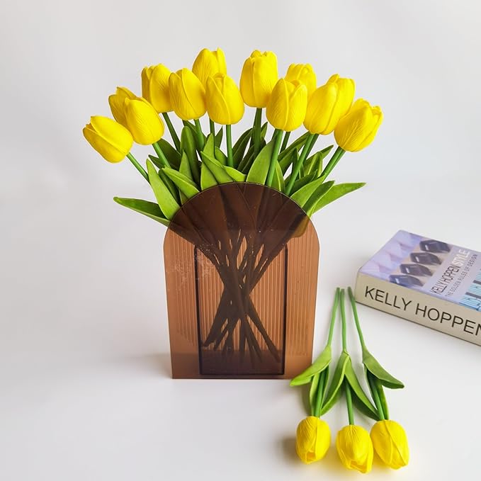 20PCS Yellow Fall Artificial Flower Tulips PU Real Touch Tulips for Home Wedding Decoration Brides Hand Holding Bouquet Artificial Flower Decoration (Type-Yellow)