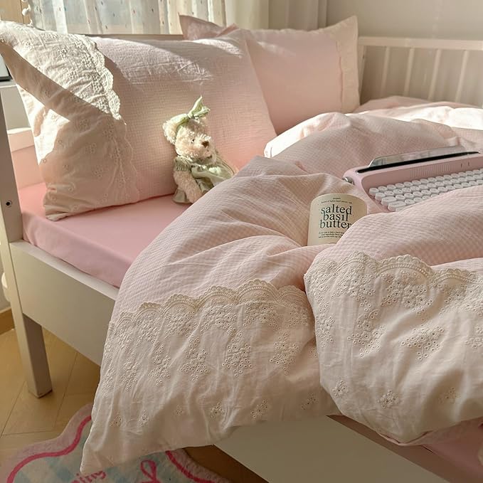 LifeTB Pink Gingham Duvet Cover King Size 3 Pieces Romantic Lace Duvet Cover Pink Plaid Checkered Comforter Cover with 2 Pillowcases Soft Breathable Microfiber Grid Farmhouse Plaid Bedding Set