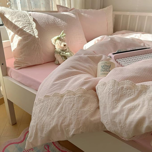 LifeTB Pink Gingham Duvet Cover King Size 3 Pieces Romantic Lace Duvet Cover Pink Plaid Checkered Comforter Cover with 2 Pillowcases Soft Breathable Microfiber Grid Farmhouse Plaid Bedding Set