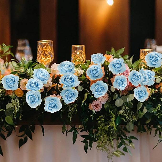50pcs Artificial Roses Flowers in Bulk,Realistic Silk Fake Rose with Long Stem for Wedding Centerpieces Bouquet Party Floral Arrangement Home Decoration (Blue)