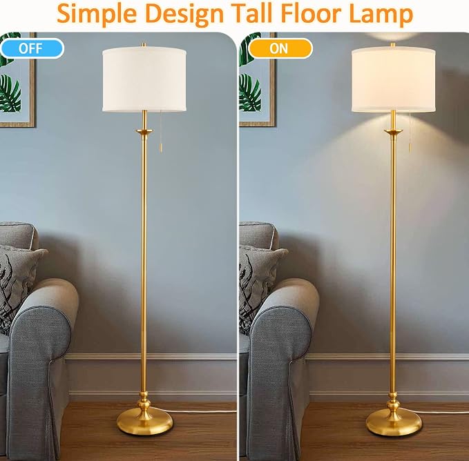 60" Gold Floor Lamp, Standing Lamp for Living Room, Bedroom, Office & Dining Room - Tall Corner Floor Lamps with Pull Chain Switch, Soft Lighting Farmhouse Design - Modern Floor Lamp (Bulb Included)