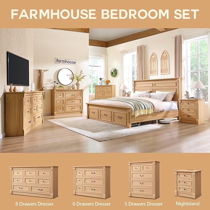 Farmhouse 6 Drawers Dresser for Bedroom, 48" Wide Large Dressers & Chests of Drawers w/Roman Column, Storage Dressers Organizer for Bedroom, Hallway, Living Room, Natrual