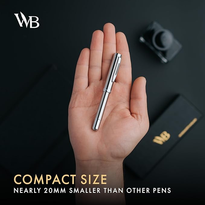 Wordsworth and Black Fountain Pen Mini EDC: Luxury Silver Heavy Pocket Pen, Chrome Finish, Medium Nib, 6 Ink Cartridges, Ink Converter, Travel Refillable Writing Pen Gift Set, Men & Women