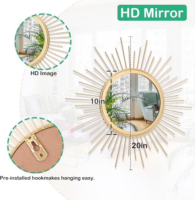 Large Gold Spoked Sunburst Wall Mirror Boho Home Decor Round Wall Art Mirror Modern Metal Mirrors for Wall Living Room Vanity Bathroom Bedroom Hallway Balcony Entryway 20"