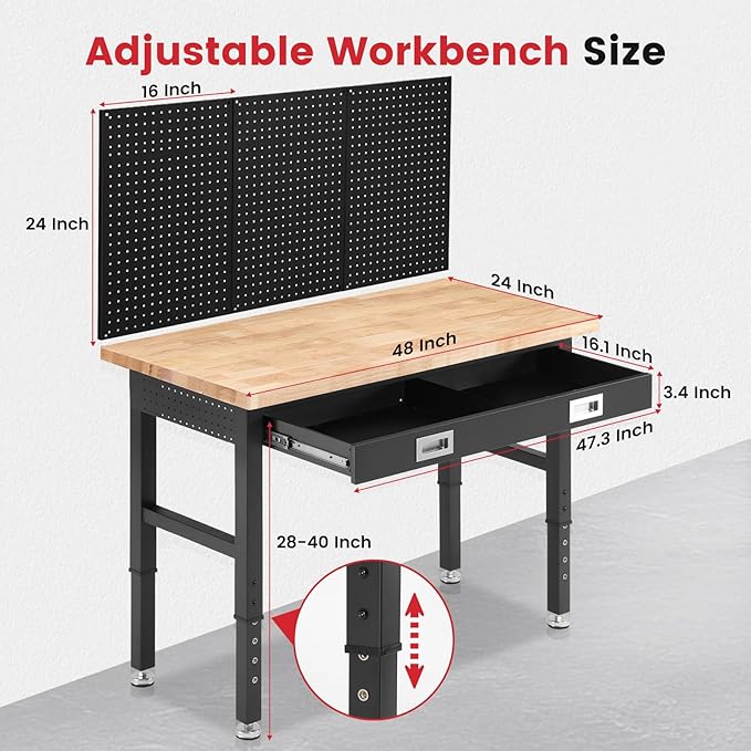 Work Bench with Storage Adjustable Workbenches with Drawer for Garage 48 Inch Rubber Wood Top Garage Workbench with Pegboard, Power Outlets for Woodworking,Home, Office, Workshop