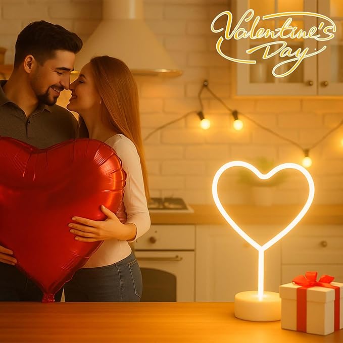 Warm White Heart Neon Sign, Valentines Day Neon Light Battery Operated or USB Powered Valentines Warm White Heart Lights, Table Lamp for Galentines Day Decorations, wedding, Gifts for Women, lover.
