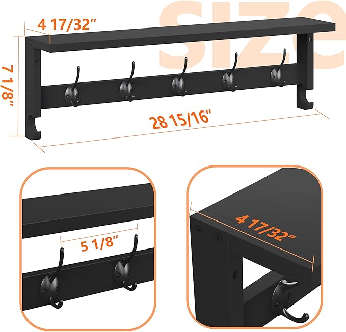 AMBIRD Coat Rack Wall Mount with Shelf, 28.9 Inches Coat Hooks Wall Mounted with 5 Hooks, Hat Wall Hooks for Hanging in Entryway, Living Room, Bathroom, Bedroom (Black, 28.9 * 4.5 inches)