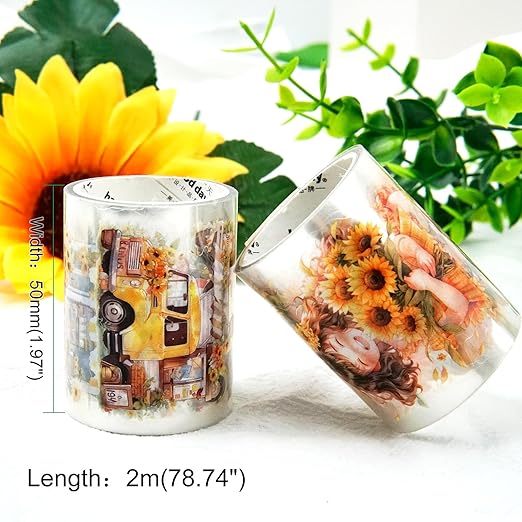 AuriicLeaf Blooming Sunflower PET Tape Set, 6 Rolls of Pre-Cut Floral Stickers for Journaling, Scrapbook Supplies, DIY Crafts, and Decorative Art