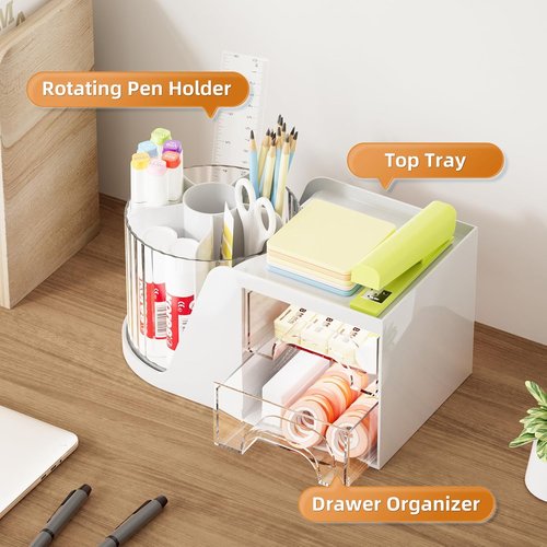 Marbrasse Desk Organizer - 360° Rotating Pen Holder & 2 Drawer Storage | White Art Supply Caddy
