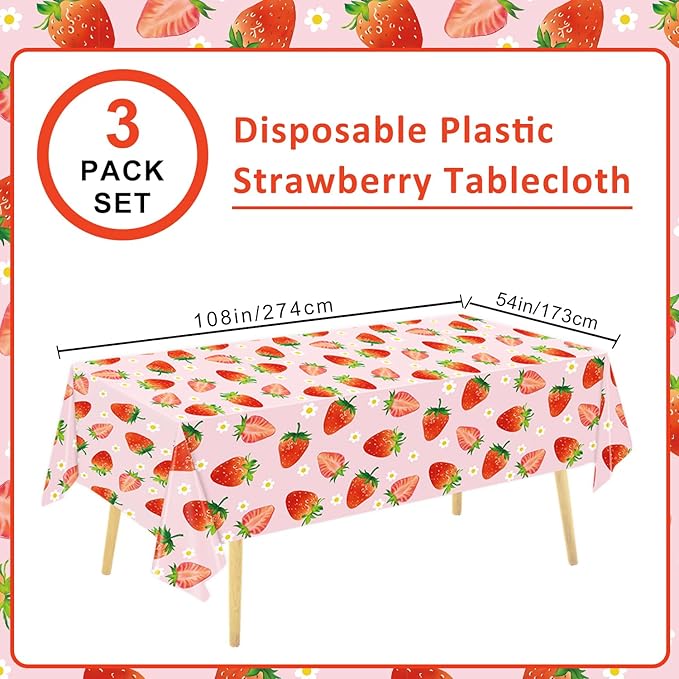 3 Pack Strawberry Tablecloths Strawberry Birthday Plastic Table Cover for Berry First Birthday Decor Baby Shower Party Decorations, 54 x 108 Inch