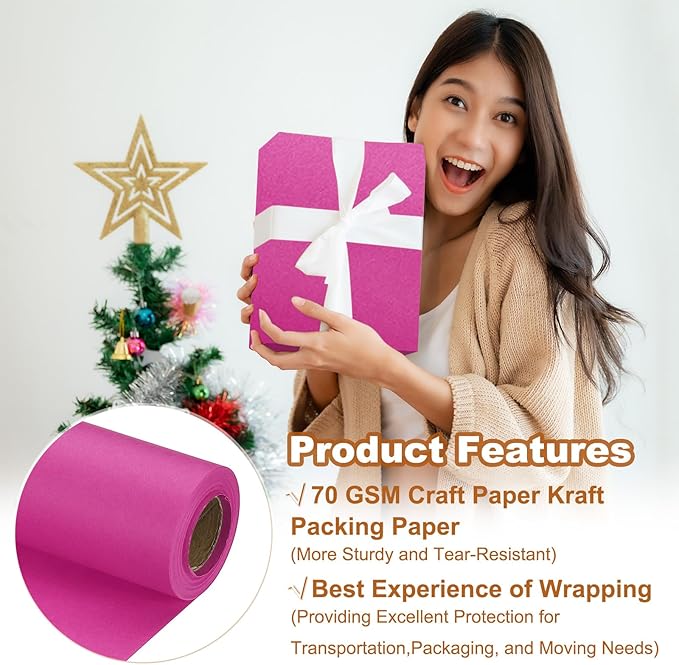 PATIKIL Wrapping Paper, 15" x 394"(33') 70 GSM Craft Paper Roll Kraft Packing Paper for Poster Bulletin Board, Gift Wrapping, Rose Pink