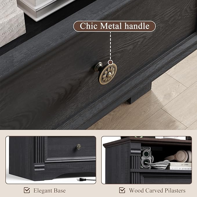 Black Nightstand with Charging Station, Side Table Storage Cabinet with 2 Drawers and Chic Wood Pilasters Design, Farmhouse Wood Bedside Table & End Table with Metal Handles for Bedroom, Living Room
