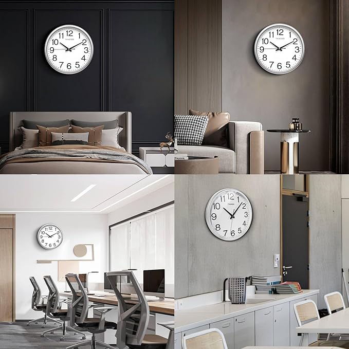 TIMESS Wall Clock, 16 Inch Large Dial Non-Ticking Silent Battery Operated Quality Analog, Ultra-Quiet Movement Quartz, Timeless Stylish Clock, Ideal Modern Home, Office Décor (Sliver)