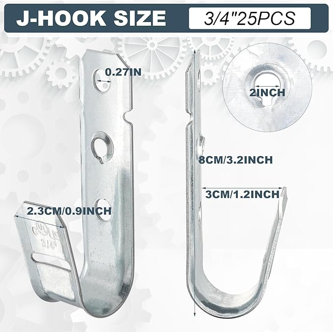 COCODE 25 Pack 3/4’’ J Hooks Cable Hangers Without Retainer Clip Galvanized Steel Wall Mount Heavy Duty Utility Hooks Cable Management for Structured Cabling