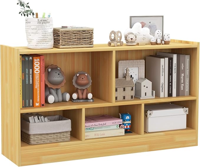 Toy Storage Organizer, 2-Tier Kids Bookshelf, 5 Cube Kids' Bookcases, Cabinets & Shelves, Wooden Toy Organizers, Small Book Shelf for Bedroom, Playroom, Classroom, Nursery (Burlywood)