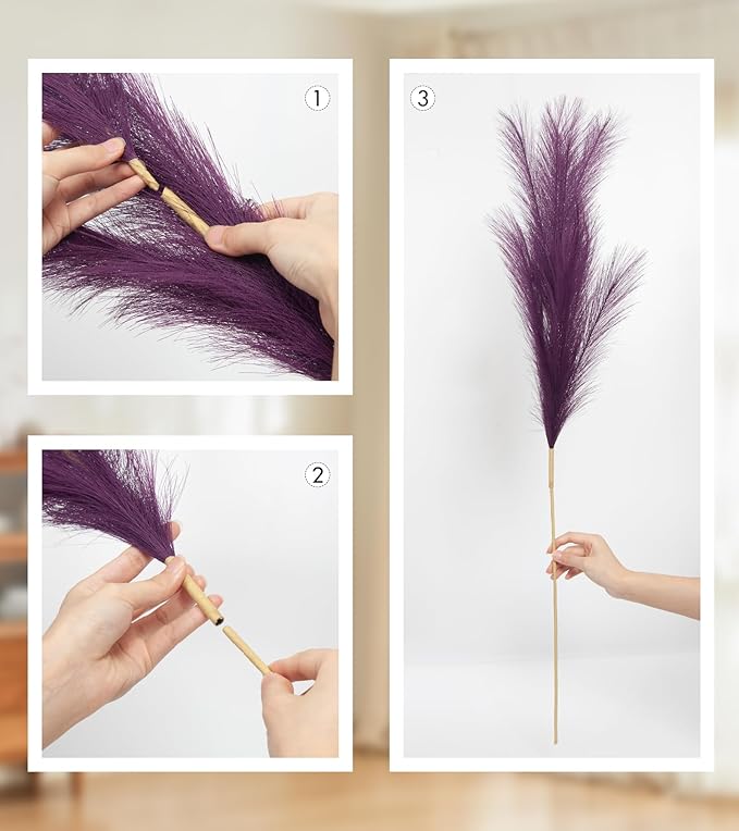 9 Pcs 45" Tall Pampas Grass Purple Decor, Long Stem Artificial Flower Floor Vase Large Faux Floral Pompas Fake Plants Dried Bouquet Arrangement Vase Filler for Boho Home Wedding Decoration