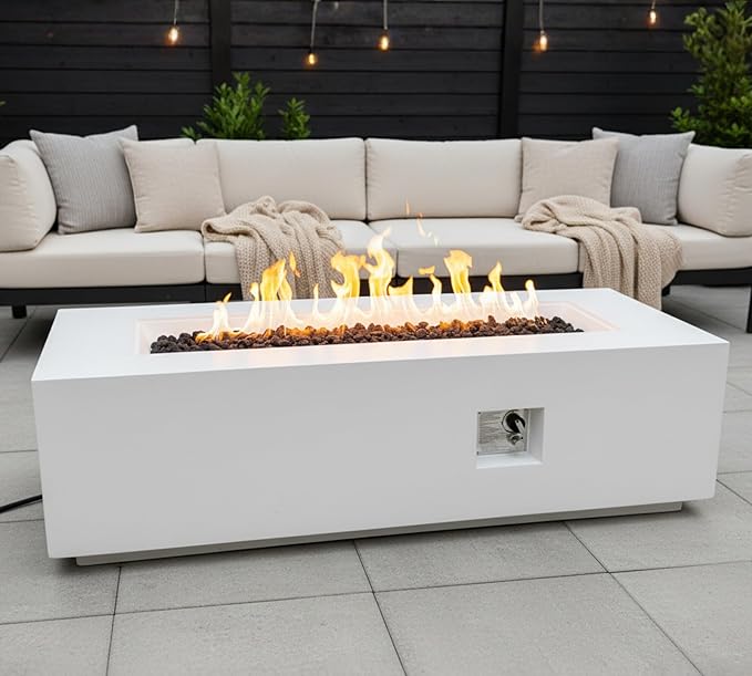 HillAethel 60-Inch Rectangular Outdoor Gas Propane Fire Pit Table,60,000 BTU Light Concrete Fire Table with Waterproof Cover, Tank Seat,Free Lava Rocks, for Outside Patio Backyard,White