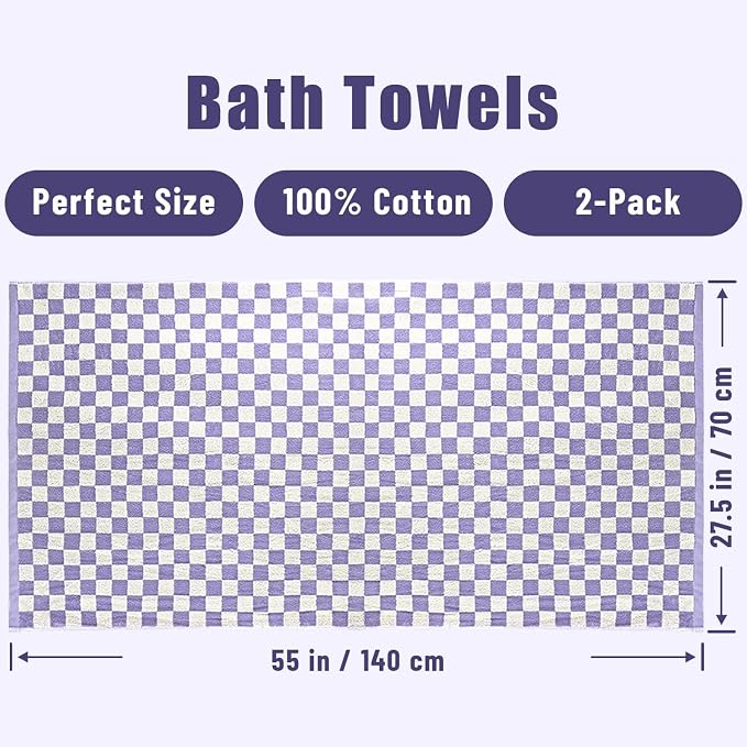 Jacquotha Checkered Bath Towels Set of 4-100% Cotton Towels for Bathroom, Shower, Pool & Beach (Purple, Yellow, Green, Orange), 520GSM