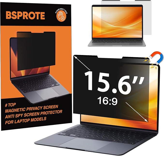 BSPROTE Magnetic Laptop Privacy Screen 15.6 Inch 16:9- Removable Anti-Glare Blue Light Filter, Computer Privacy Screen Shield Compatible with 15.6'' Hp Acer Asus Lenovo Dell Samsung Portable Monitor
