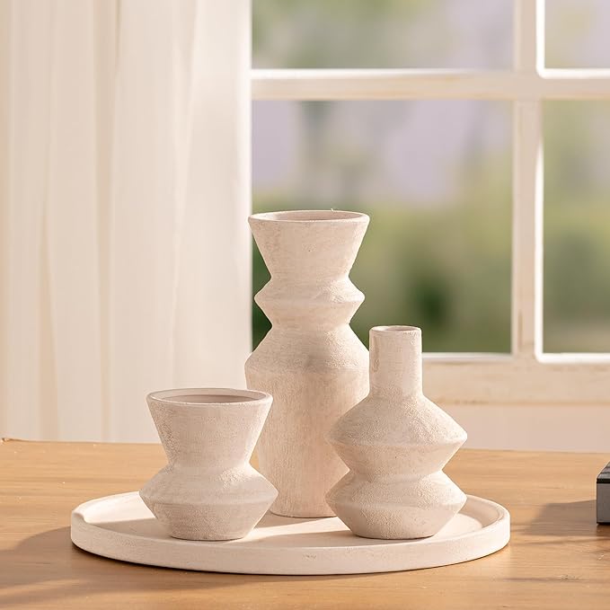 Ceramic Vase Home Table Decor - White Flower Vase Set of 3 Living Room Kitchen Decorations Farmhouse Modern Rustic Vases Decorative Centerpiece for Shelf Bedroom Office Bathroom Dining Coffee Desk