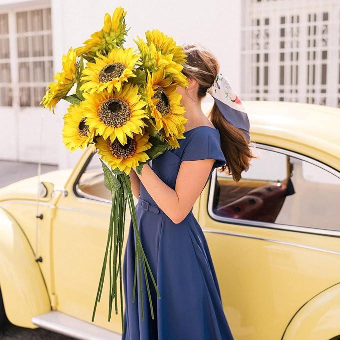 3 PCS 7" Large Sunflowers Artificial Flowers Full Bloom Long Stem Artificial Sunflower 26" Tall Sun Flowers Giant Silk Sunflowers with Stem Fake Sunflower Floral Arrangement for Home Wedding Decor