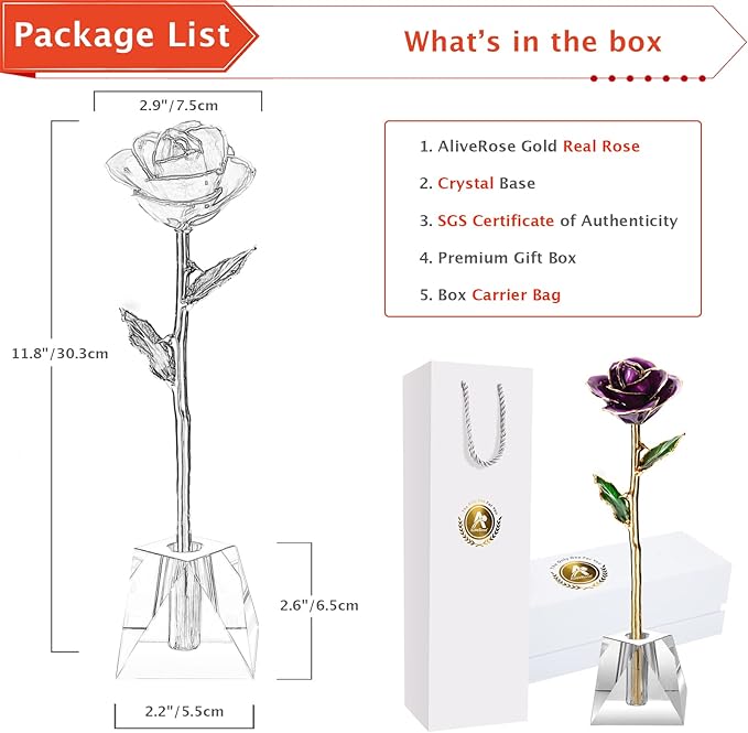 AliveRose Gold Dipped Rose,24k Gold Real Rose Gift for her, Long Stem Rose Made from Real Gold Rose for Anniversary Valentines Mothers Day Birthday (Pearl Purple with Crystal Vase)