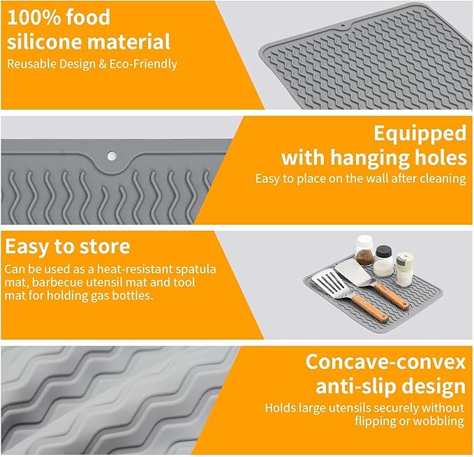 Geban Grill Accessories, 14x11 Inch Silicone Heat Resistant Mat, BBQ Tool Rest Pad for Blackstone Griddle Side Shelf, Weber, Traeger, Outdoor Kitchen Countertop Protector (Grey)