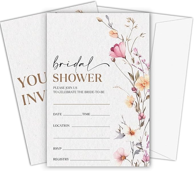 Boho Bridal Shower Invitations, Spring Floral Invites with Envelopes, 4x6 Set of 25 Invite Card for Wedding Shower, Newlyweds, Party Favor & Decorations-A03