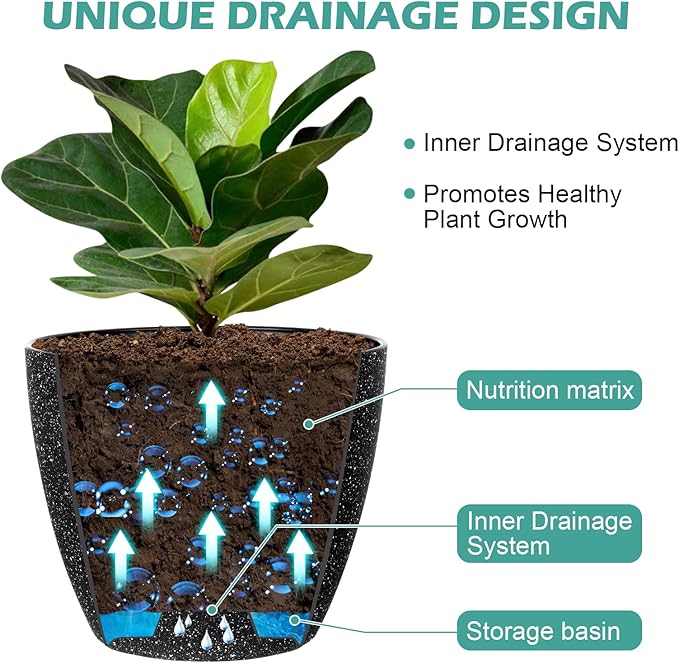 Vanavazon Plant Pots 9/8/7 Inch Set of 3 Flower Pots Indoor Outdoor Plastic Planters with Drainage Hole and Tray (Speckled Black)