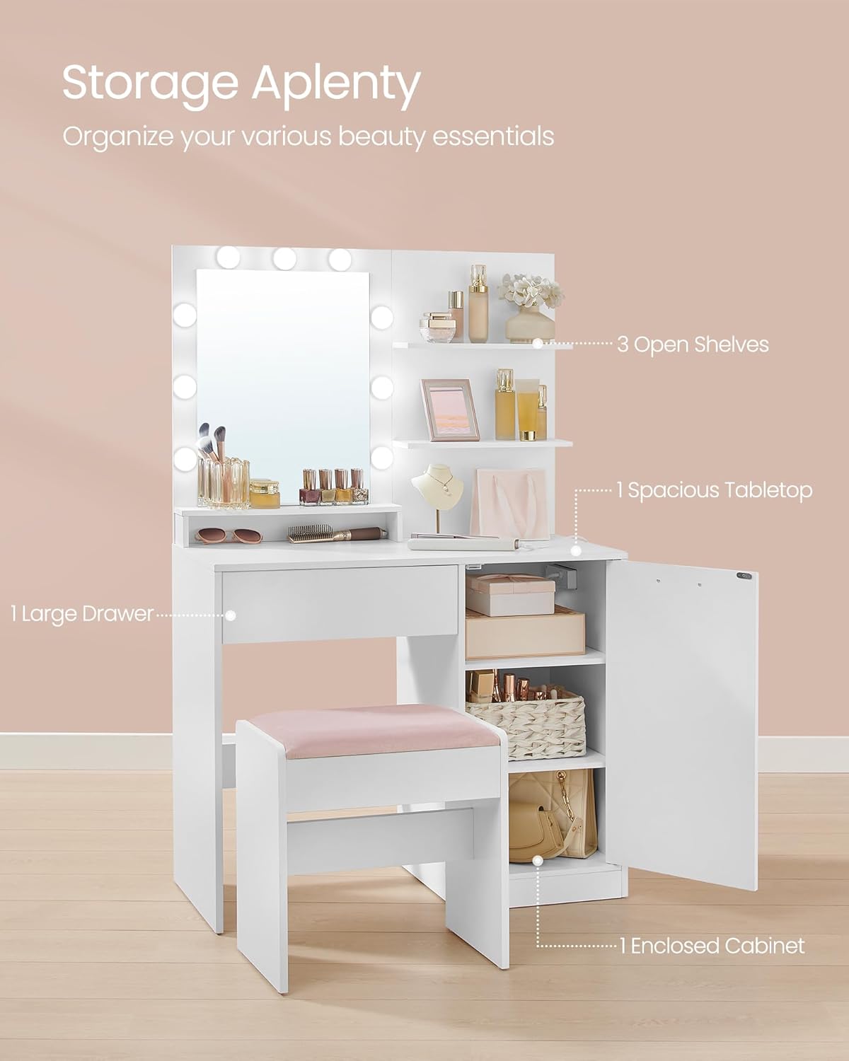 VASAGLE Vanity Desk - 35.4-Inch Makeup Vanity with Mirror, Dimmable LED Lights & Upholstered Stool | Cloud White