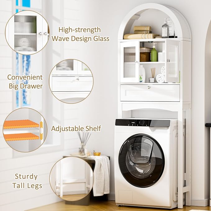 Spurgehom Over The Toilet Storage Cabinet, Bathroom Shelf Organizer Freestanding, Bathroom Arch Cabinet Over Toilet with Glass Door and Anti-Tipping Device, White