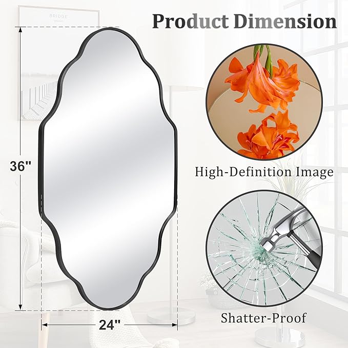 Scalloped Mirror for Bathroom - 24"x36" Black Bathroom Mirror with Aviation Aluminum Alloy Frame & Shatter-Proof Glass for Living Room Bedroom Entryway, Brushed Black Frame(x1)