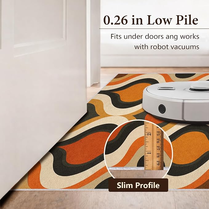 Retro Wave Area Rug 5x8, Mid-Century Modern Geometric Rug, Orange Brown Abstract Carpet for Living Room Bedroom, Soft Non-Slip Washable Rug