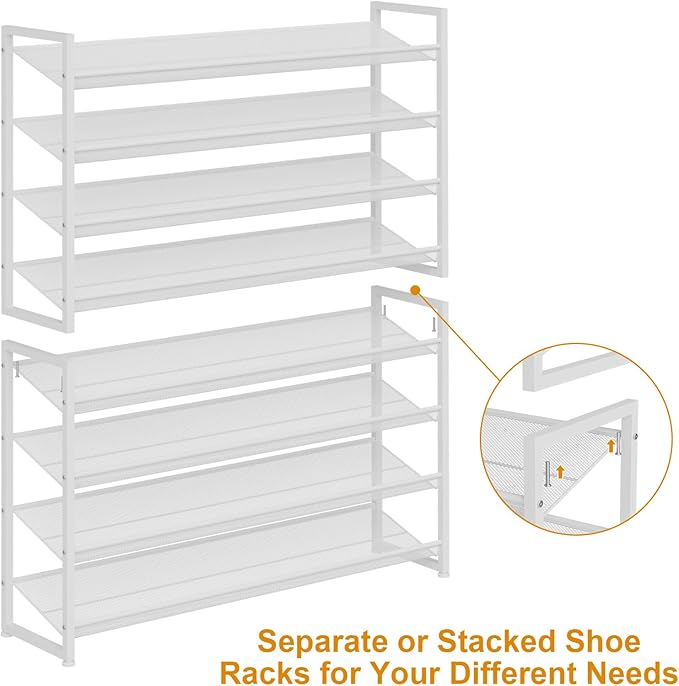 NEYCIL Large Shoe Rack 8 Tier Shoe Organizer, Heavy Duty Metal 4-Tier Stackable Shoe Storage Vertical Shoe Rack for Closet Front Door Entrance, Up to 50 Pairs, 44.8" W x 11.4" D x 56.7" H, White