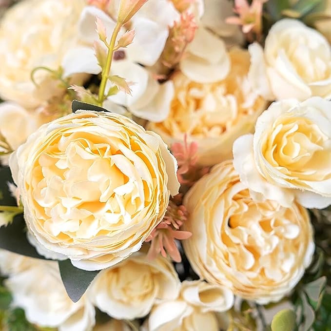 ASTRYAS Artificial Flowers, Small Artificial Peony Silk Flowers Fake Peonies Bouquet Faux Rose Flower Arrangement for Home Party Decoration (Champagne)