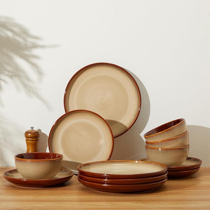 Pokini Ceramic Dishes Set for 8, 24 Piece Stoneware Dinnerware Sets, Chip and Scratch Resistant, Easy to Stack & Clean, Modern Rustic Look, Brown Yellow