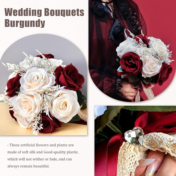 8.6in Wedding Bouquets for Bride Bridesmaid,White Champagne Red Burgundy Rose Artificial Fake Silk Flowers Bridal Bouquets for Wedding With Ribbon Handle Boho Rustic Church Decoration Toss Bouquet