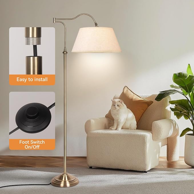 HonoDing Swing Arm Floor Lamp, Arc Floor Lamps with 180° Adjustable Cantilever for Living Room, Mid Century Standing Lamp with Linen Shade, Tall Lamps for Bedroom Living Room Office (Antique Brass)