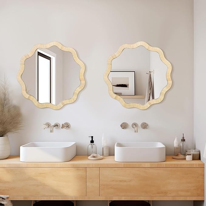 ULIKE Rattan Wicker Mirror for Bathroom, 30 Inch Boho Woven Decorative for Wall, Rustic Farmhouse Vanity Mirror, Geometric Scalloped Rattan Mirrors for Living Room Entryway Bathroom Bedroom