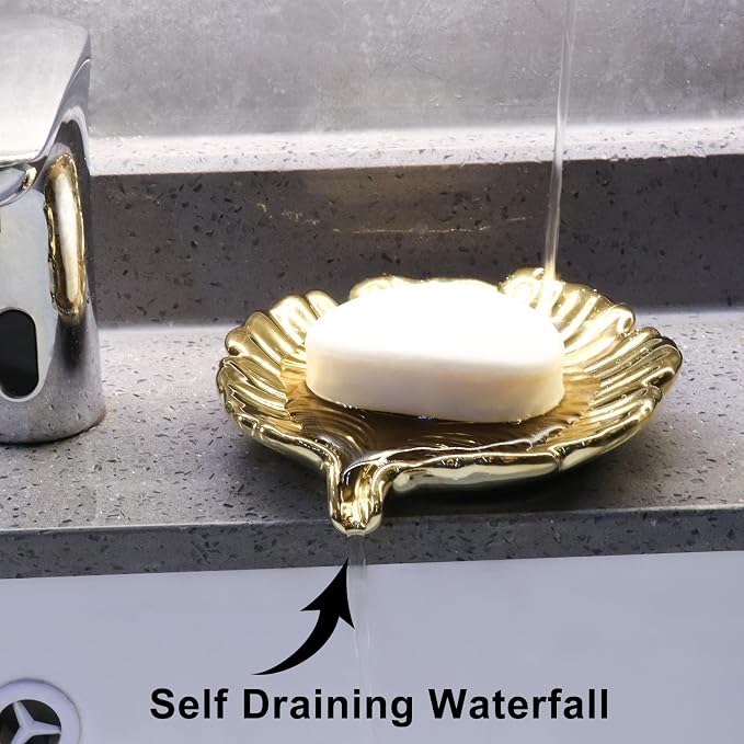 Gold Leaf Bathroom Soap Dish,Ceramic Soap Dish Holder in Palm Leaf Style,Self Draining Design and Used to Hold Various Small Bathroom and Kitchen Accessories